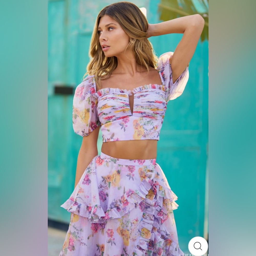 Sherri Hill Lilac Floral 2 Piece Dress Style 56024 - Picture 3 of 8